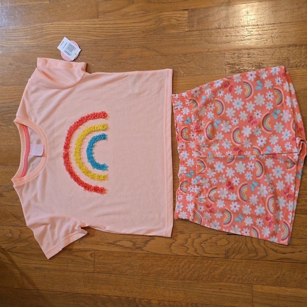 DOTS & DREAMS GIRLS PINK "RAINBOWS" SHORT SLEEVES SLEEP SHIRT & SHORTS MEDIUM